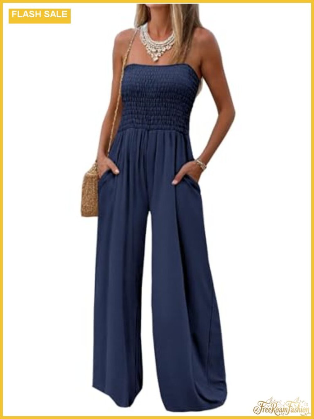 Women's Strapless Wide Leg Jumpsuit Casual Summer Romper with Pockets